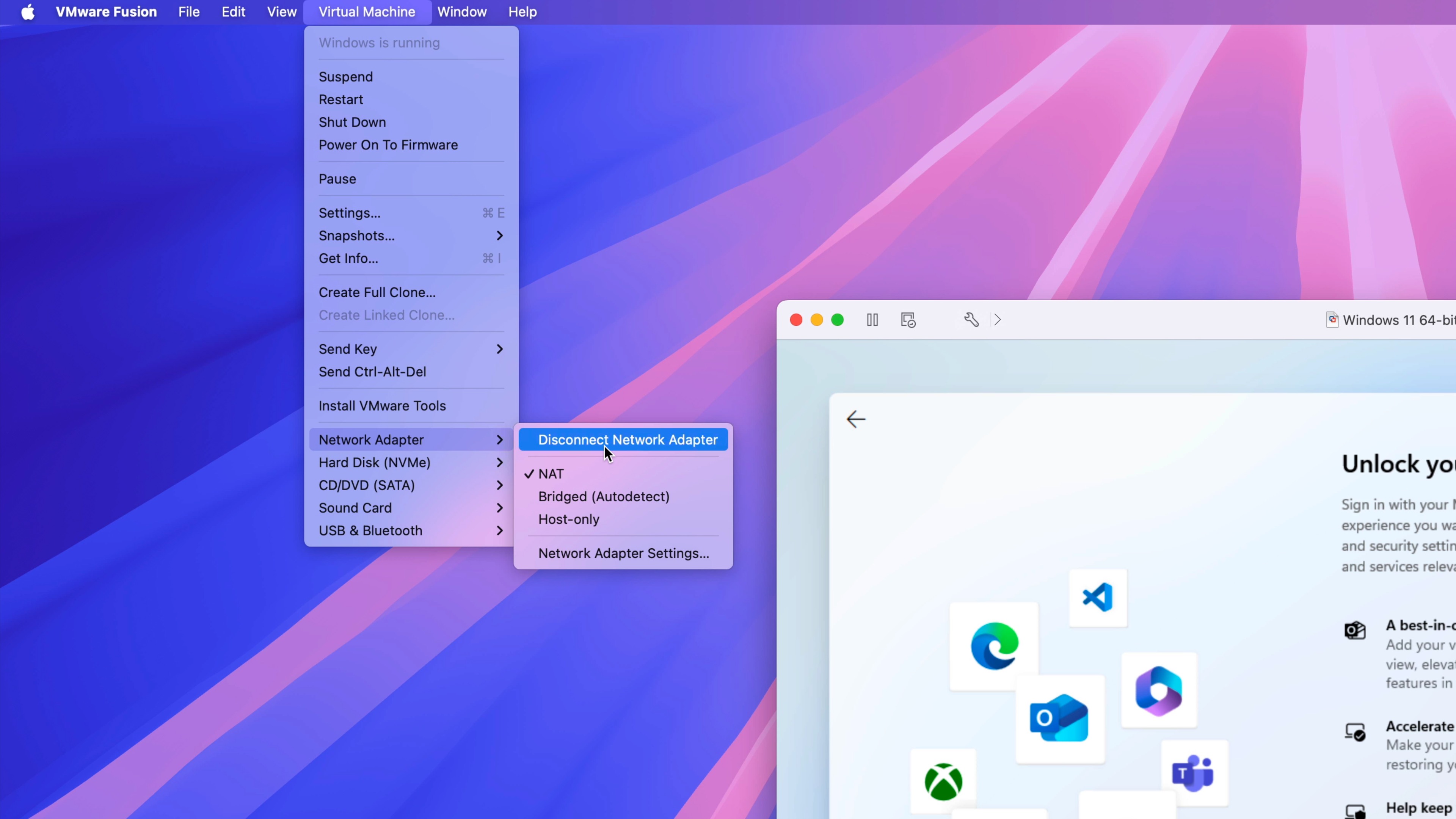 Windows 11 на Mac с VMware Fusion Pro бесплатно - Отключение сетевого адаптера