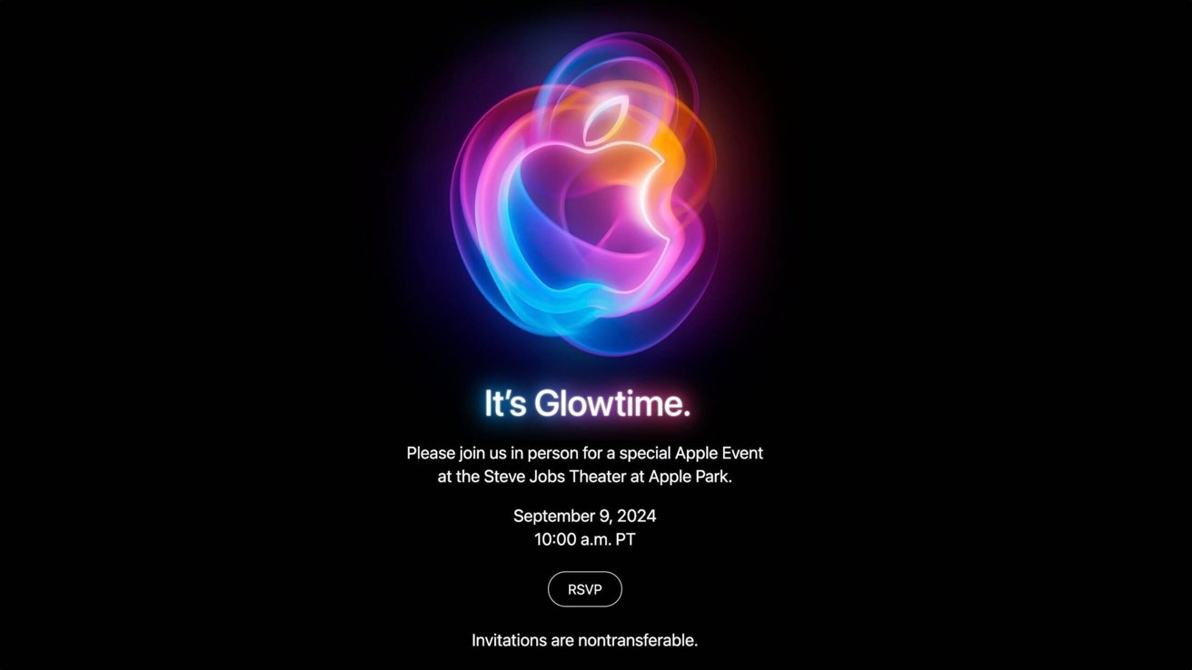 Светящийся логотип Apple с текстом, анонсирующим мероприятие Apple в Театре Стива Джобса 9 сентября 2024 года в 10:00 по тихоокеанскому времени. Приглашения не подлежат передаче.