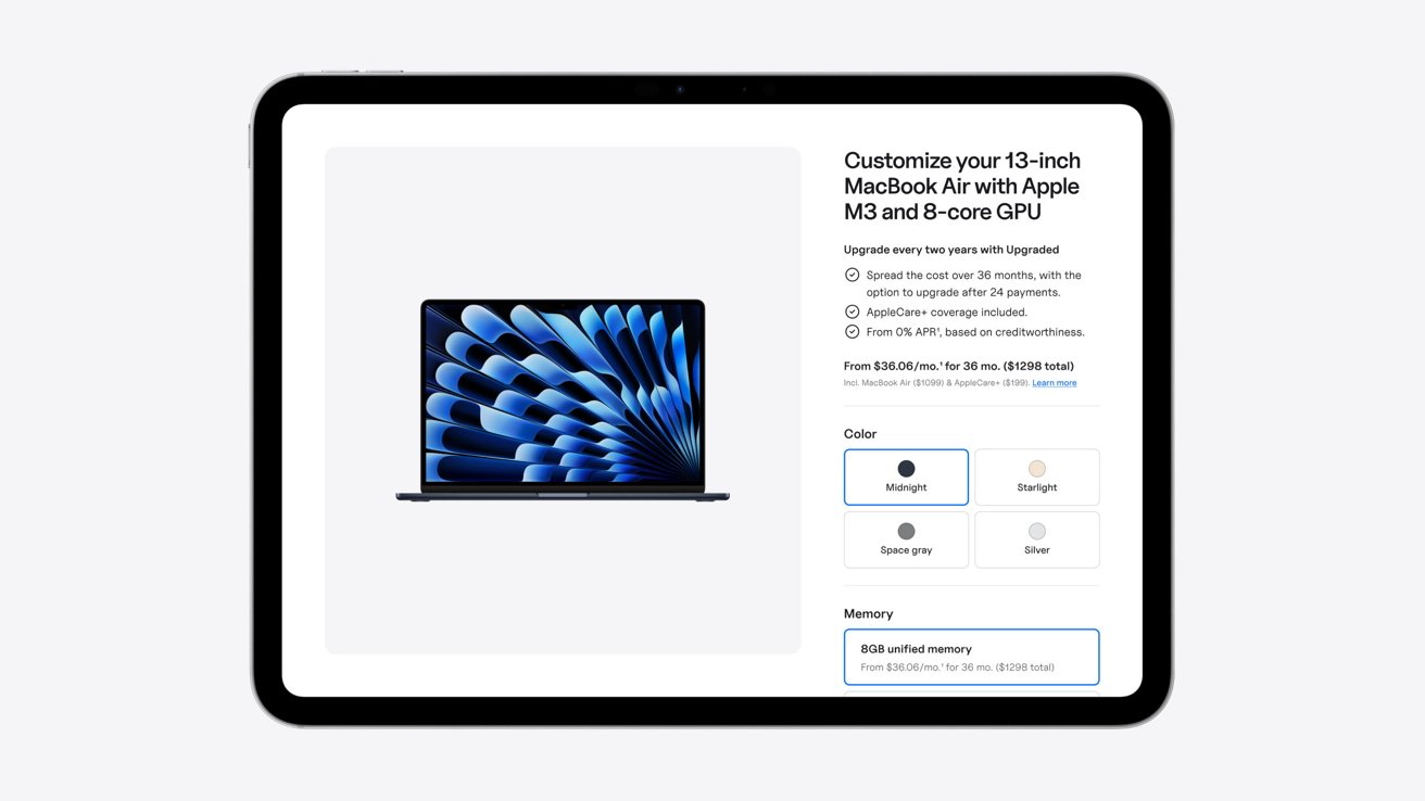 iPad, на котором изображена персонализация 13-дюймового MacBook Air, показаны варианты цвета и цены.