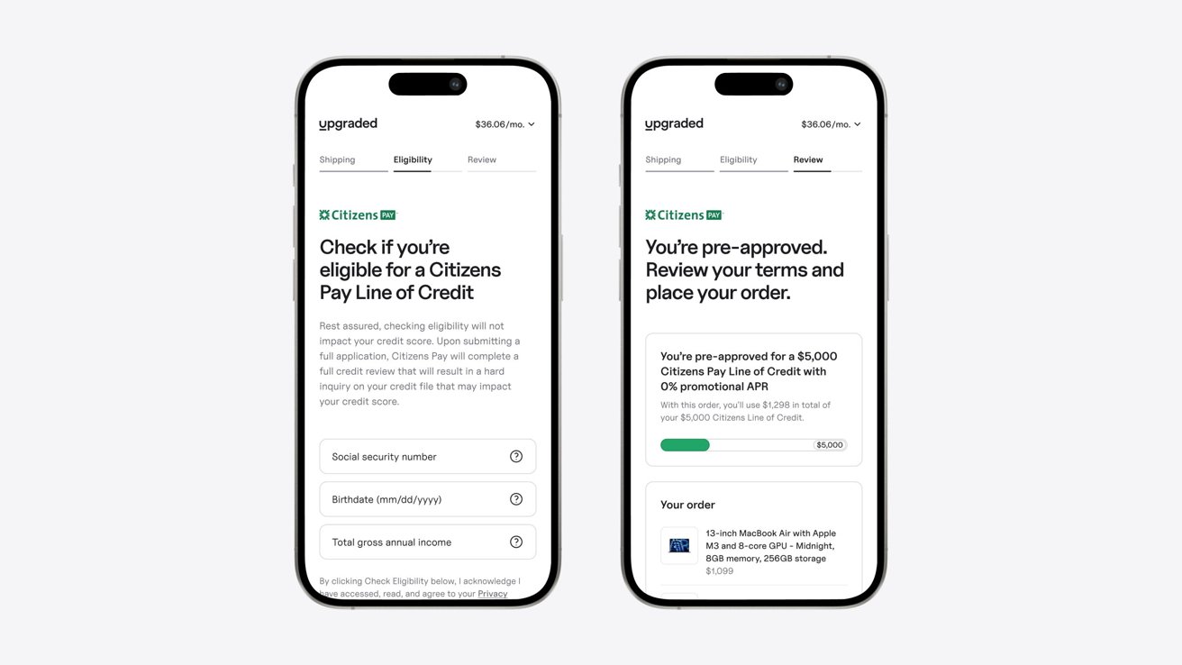 На двух iPhone отображается проверка соответствия требованиям кредитной линии Citizens Pay и заявка на предварительное одобрение, включая поля для ввода личной информации и сведения о предварительно одобренном кредите в размере 5000 долларов США на покупку MacBook.