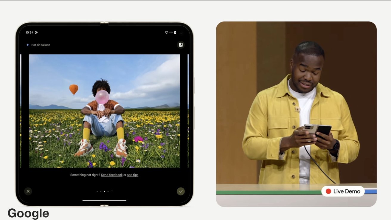 Скриншот презентации Google Pixel 9, на которой к фотографии добавлены воздушный шар и поле цветов.