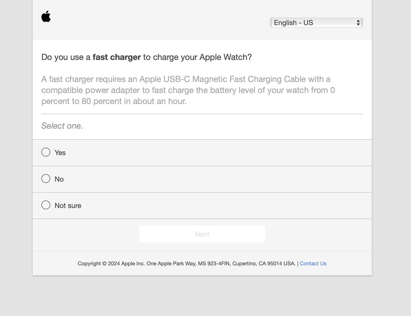 Вопрос из опроса Apple о том, используют ли пользователи быструю зарядку