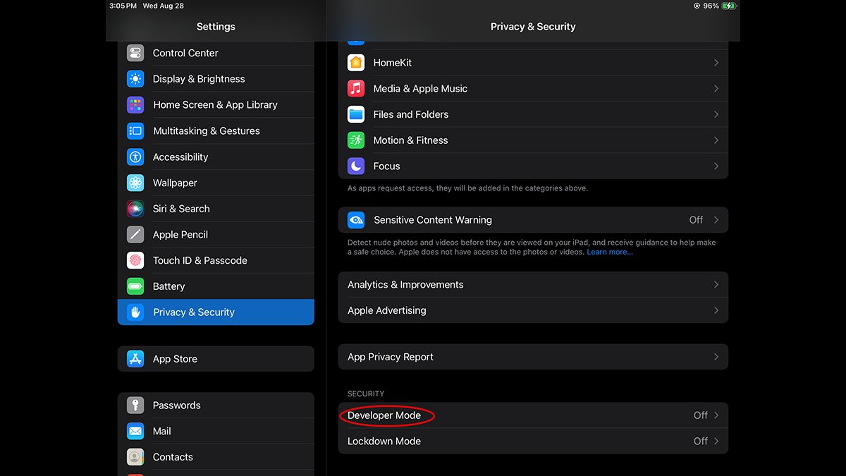Включение режима разработчика iOS на iPad.