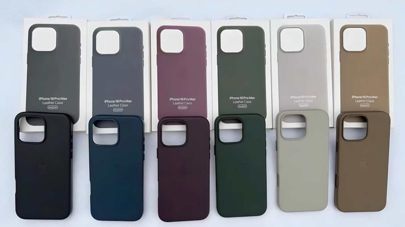 В упаковке представлены семь кожаных чехлов для iPhone 16 Pro Max разных цветов: черный, синий, бордовый, зеленый, светло-серый и коричневый.