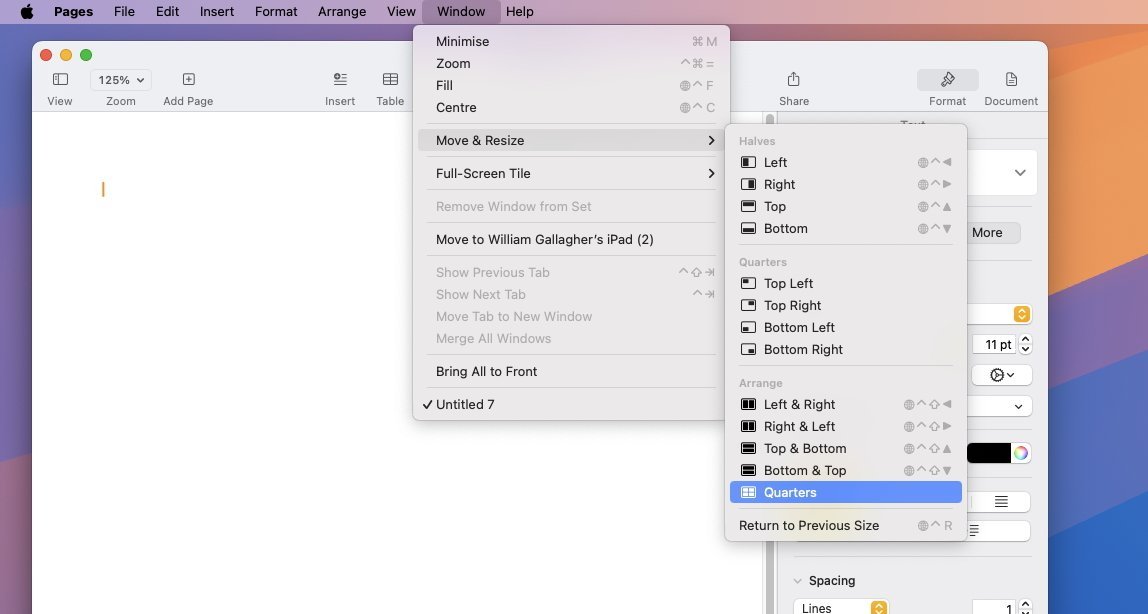 Приложение Pages на Mac, в котором показано меню «Перемещение и изменение размера» с параметрами для упорядочивания положений окон, включая деление на половины, четверти и параметры упорядочивания.