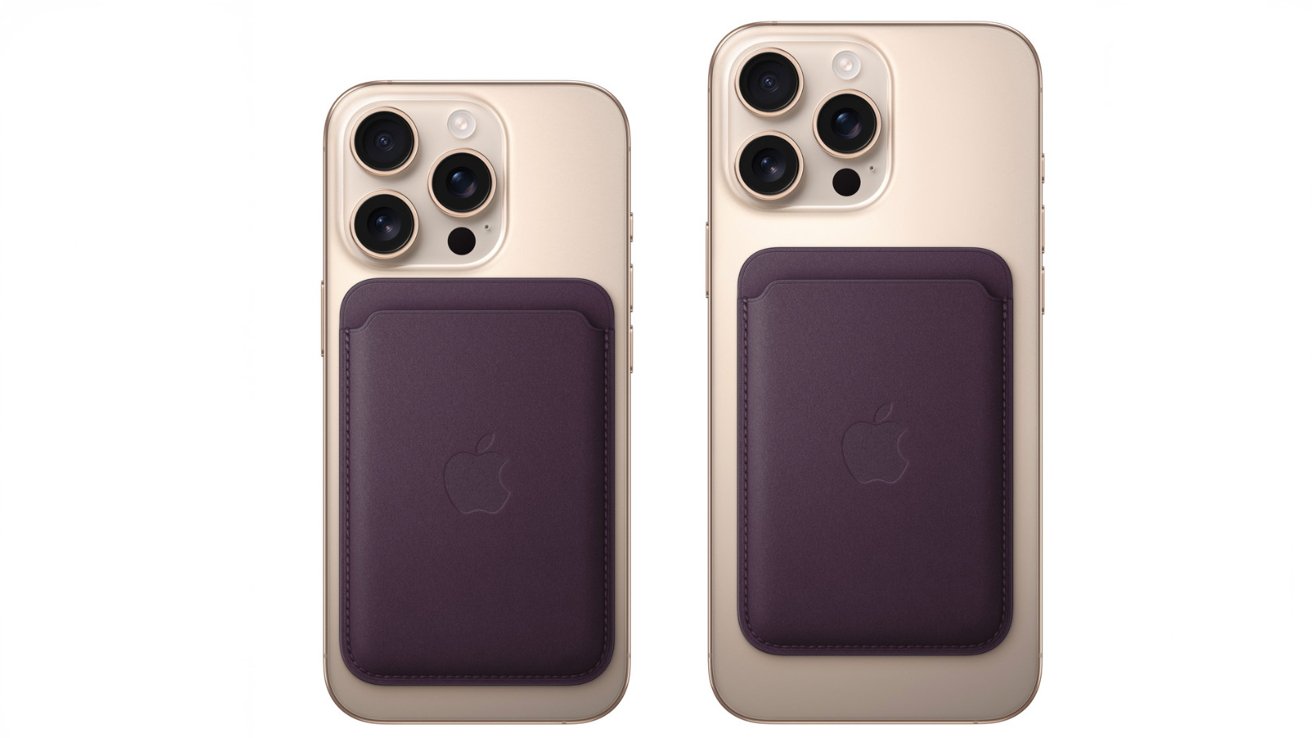 Два золотых iPhone с несколькими объективами камер, к каждому из которых сзади прикреплен фиолетовый кожаный кошелек Apple.