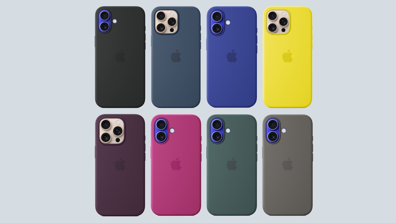 Восемь iPhone с цветными чехлами, расположенные в два ряда по четыре. Цвета: черный, темно-синий, синий, желтый, фиолетовый, розовый, зеленый и серый.