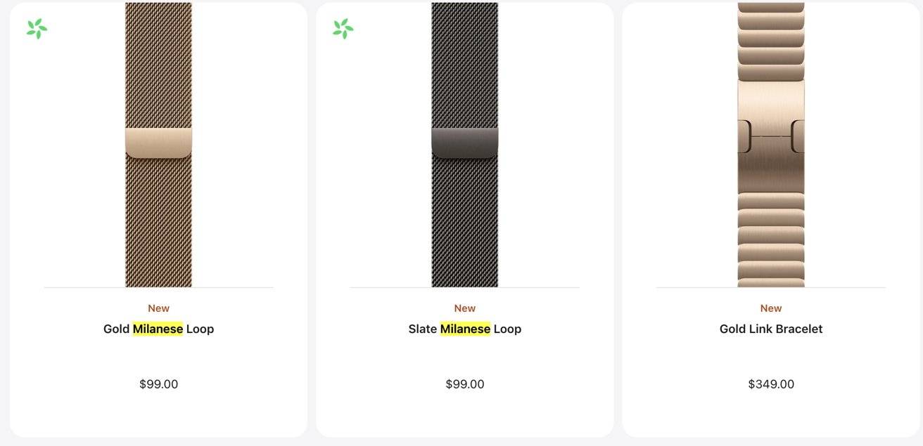 Три ремешка для смарт-часов: Gold Milanese Loop за 99 долларов, Slate Milanese Loop за 99 долларов, Gold Link Bracelet за 349 долларов.