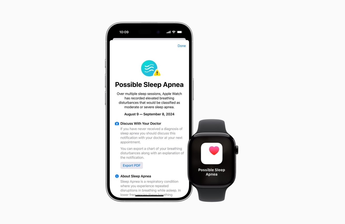 На iPhone и Apple Watch отображается уведомление о возможном обнаружении апноэ во сне и предлагается обратиться к врачу, а также предлагается экспортировать отчет.