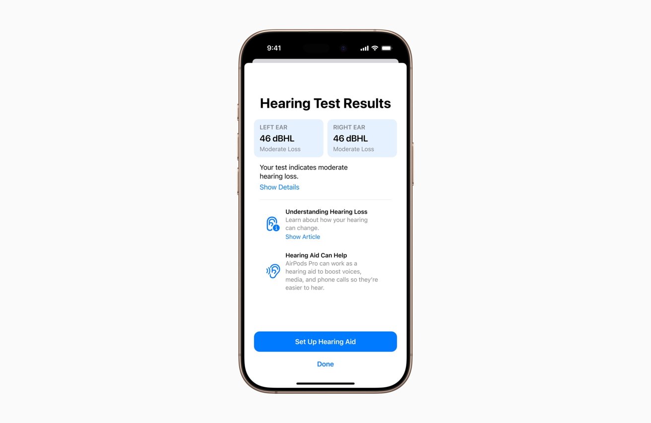 iPhone показывает результаты проверки слуха, указывающие на умеренную потерю слуха на оба уха с 46 дБСП. Показаны варианты получения дополнительной информации и настройки слухового аппарата.