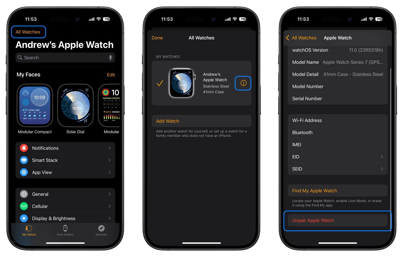 Три экрана Apple iPhone, на которых показаны различные настройки и сведения об Apple Watch, включая циферблаты, сопряжение устройств и техническую информацию.