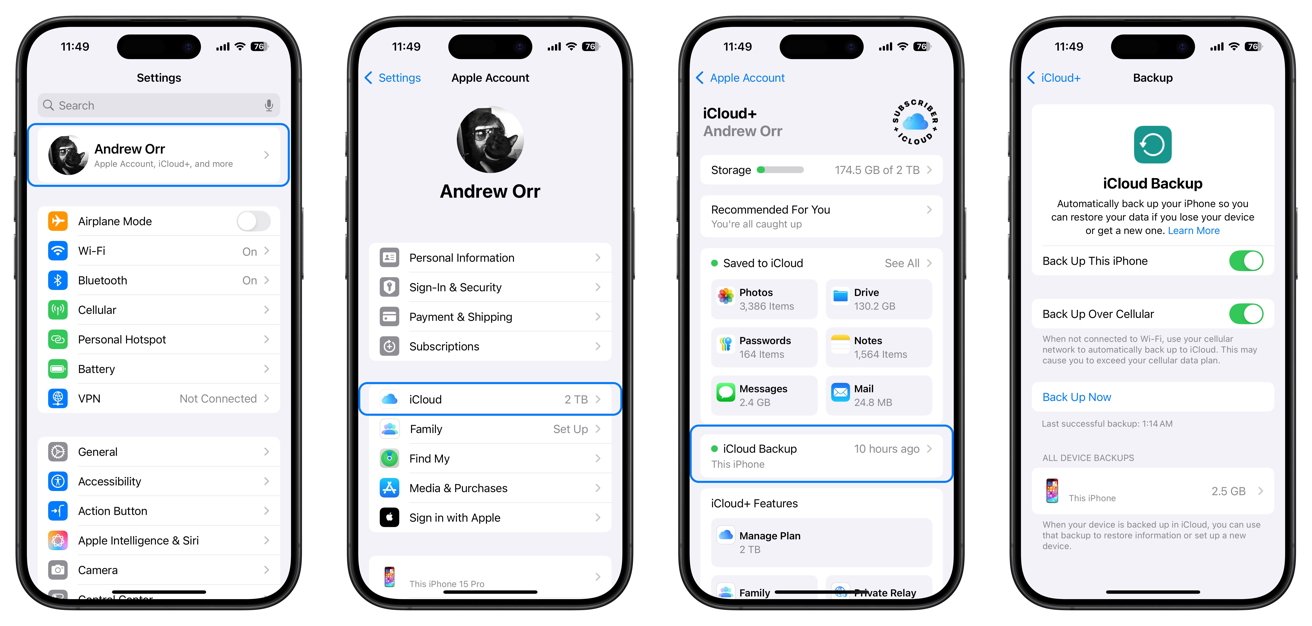 Четыре экрана iPhone, на которых показаны меню настроек, включая сведения об учетной записи, хранилище iCloud и параметры резервного копирования с переключателями для резервного копирования через iCloud и сотовую связь, а также время последнего успешного резервного копирования.