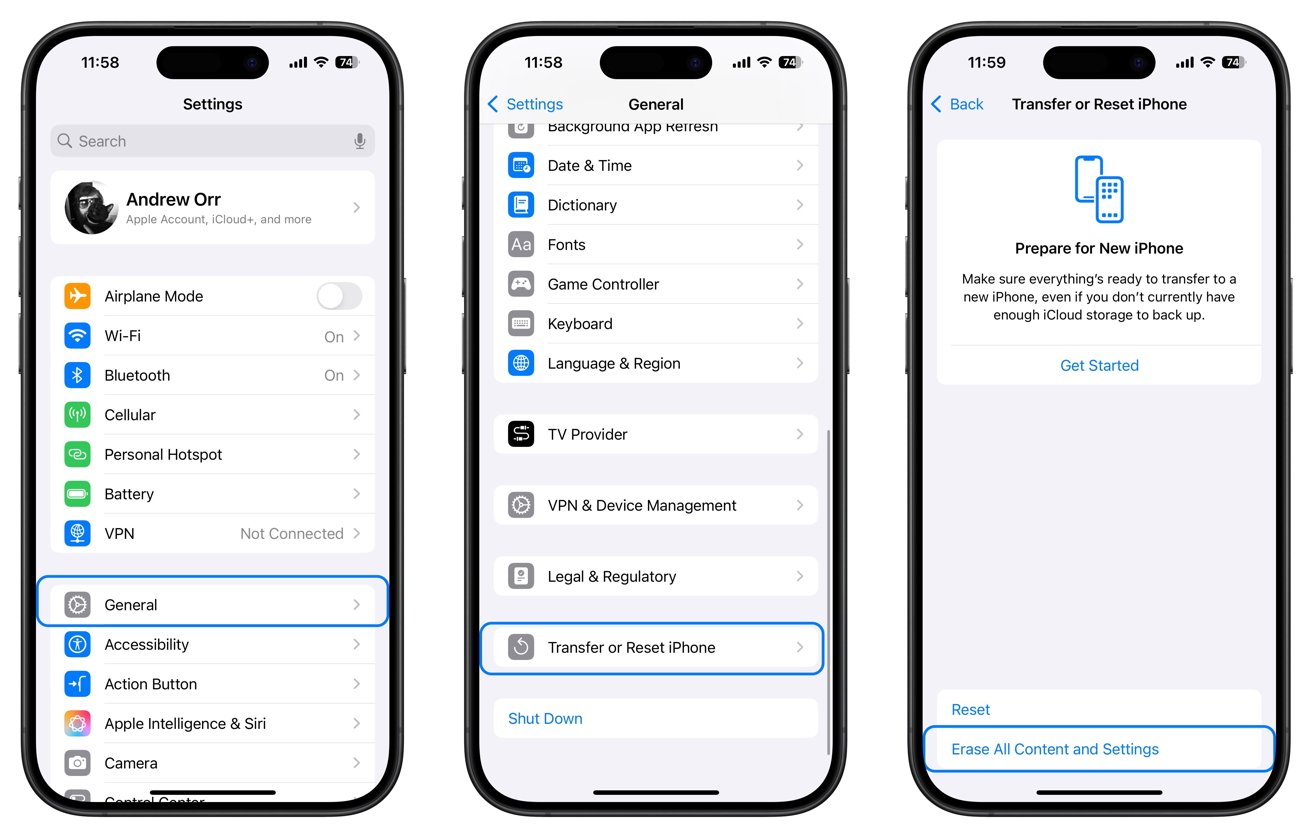 На трех экранах iPhone показано приложение «Настройки»: основные настройки, общие настройки, параметры переноса или сброса с выделенной опцией «Стереть все содержимое и настройки».