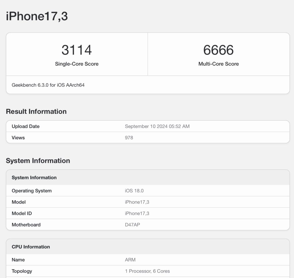 iPhone 16 A18 результат Geekbench