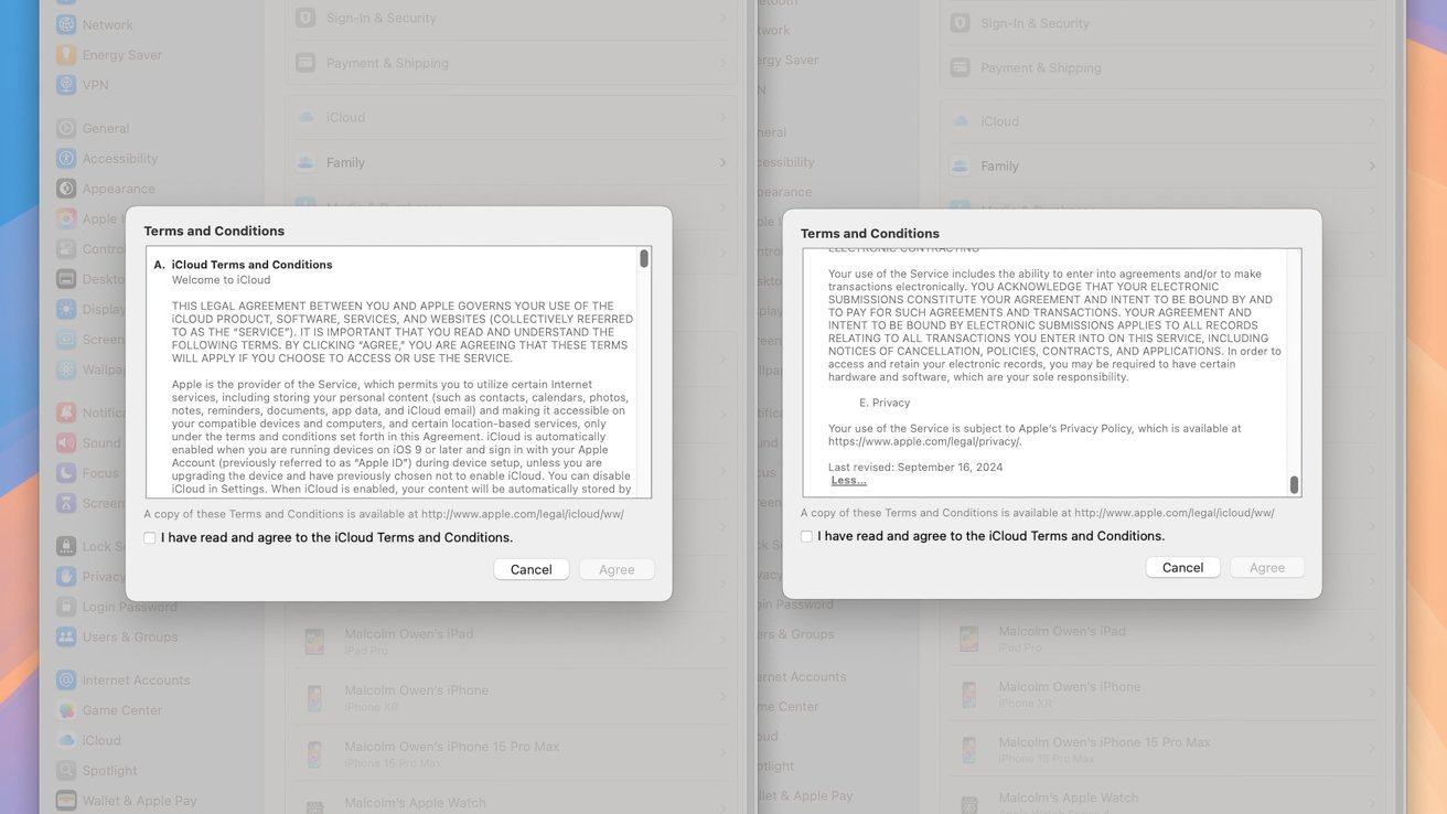 В двух всплывающих окнах отображаются Условия использования iCloud, каждое из которых имеет кнопки «Отмена» и «Согласен» внизу, а также флажки для подтверждения согласия.