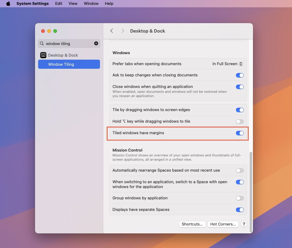 Отображаются системные настройки Mac для рабочего стола и дока, а также выделенная опция «Плиточные окна имеют поля», которая включена.