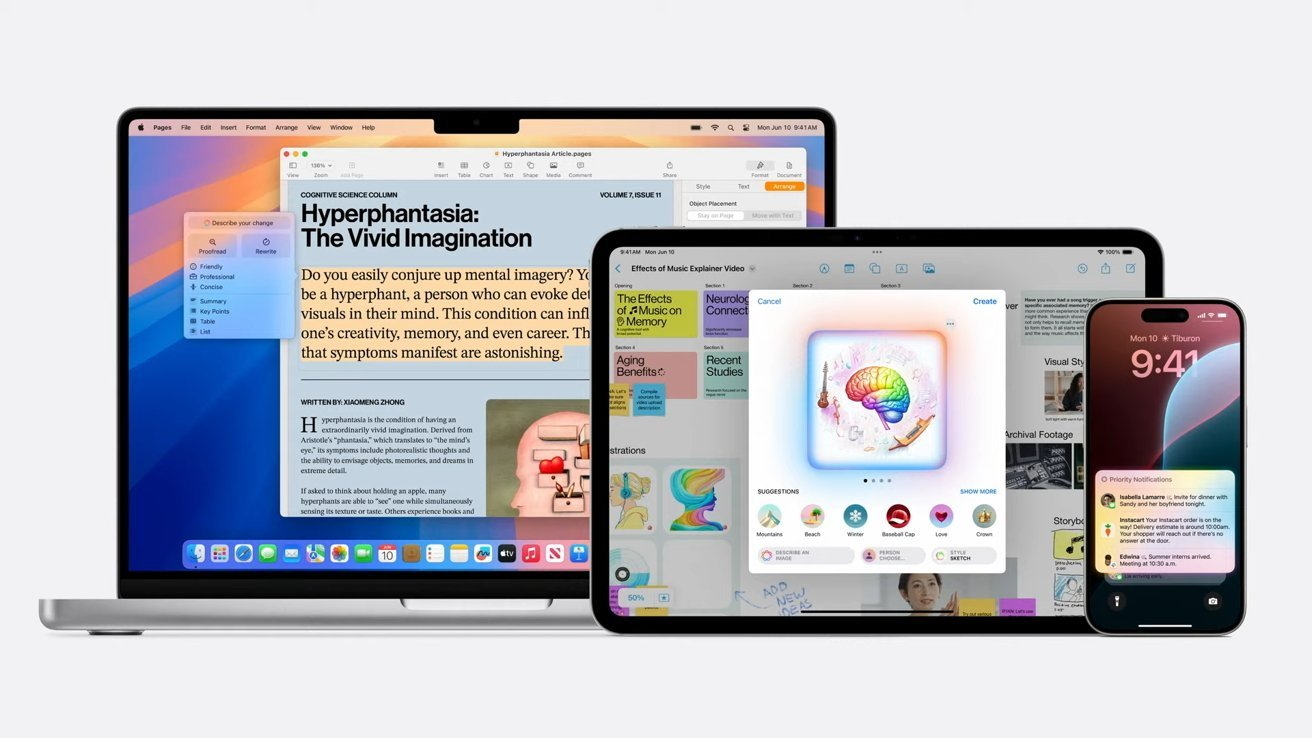 MacBook, iPad и iPhone, отображающие различные приложения и уведомления, включая статьи, красочные дизайны и текст. Устройства показаны на белом фоне.