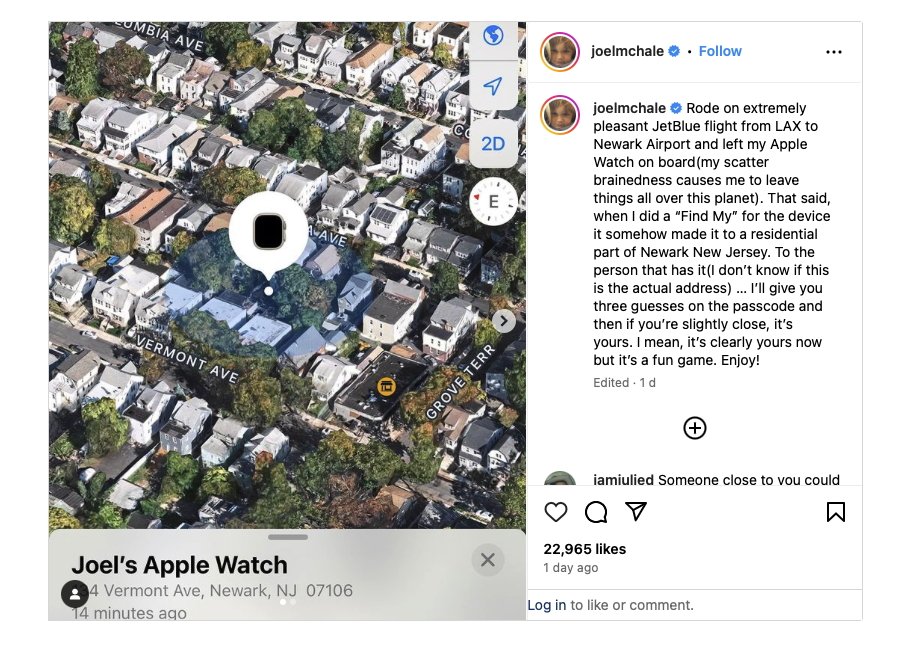 Вид с воздуха на район с выделенным местоположением Apple Watch на Вермонт-авеню, Ньюарк, Нью-Джерси. Пост в Instagram с подписью, объясняющей ситуацию справа.