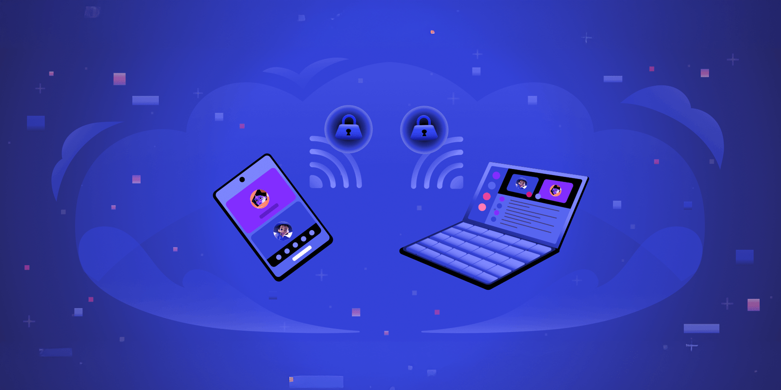 Сквозное шифрование Discord | Рекламная графика, на которой изображены телефон и ноутбук с символами замка