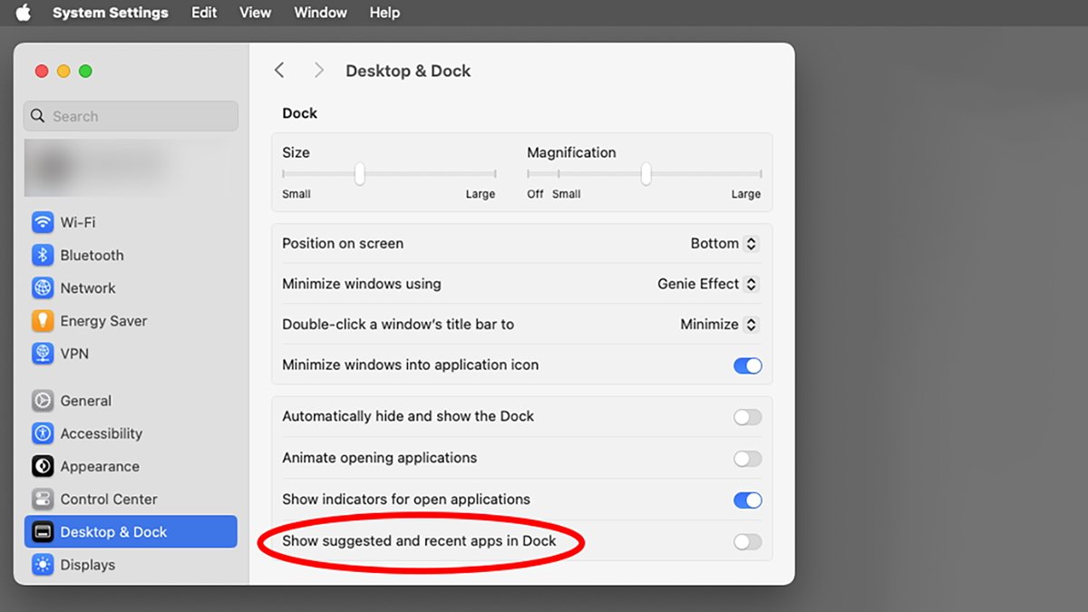 Системные настройки, показывающие настройки Dock, включая размер, увеличение, положение на экране и параметры переключения.