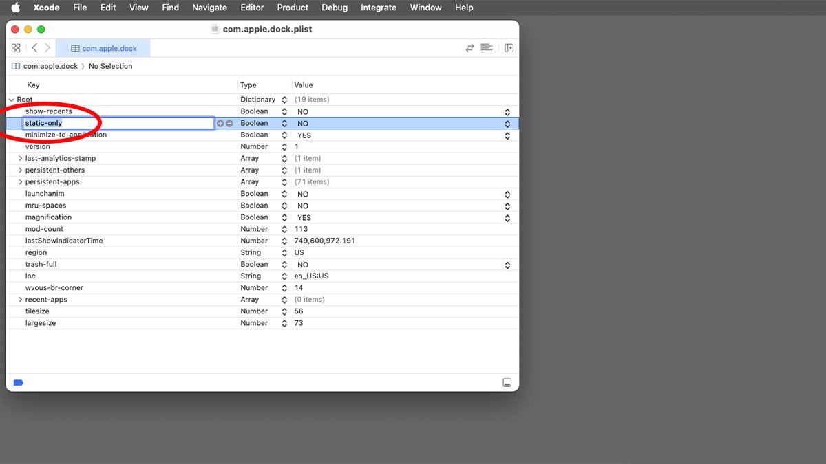 Окно Xcode, отображающее файл com.apple.dock.plist.
