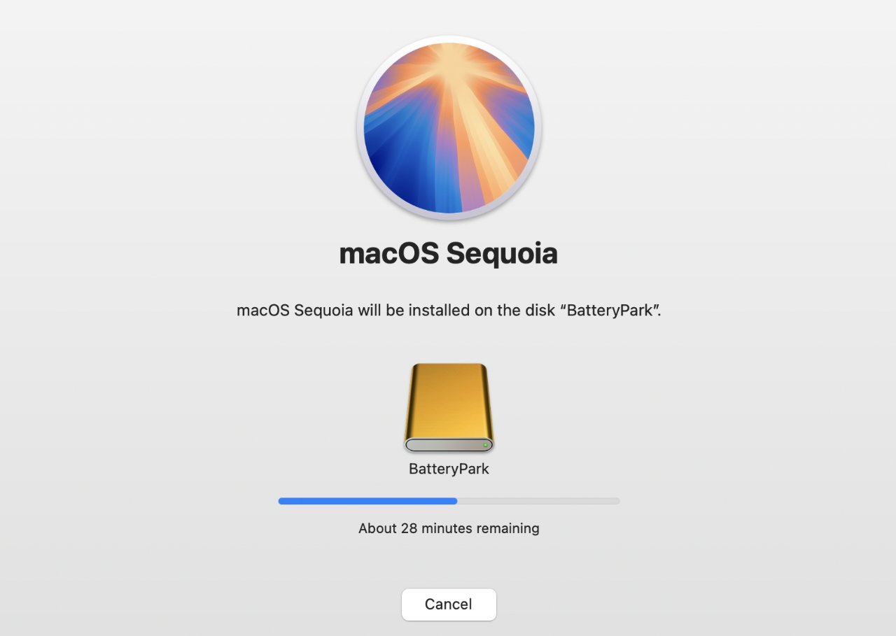 Экран установки macOS Sequoia с индикатором выполнения, оставшимся примерно 28 минутами и возможностью отмены установки на диск BatteryPark.