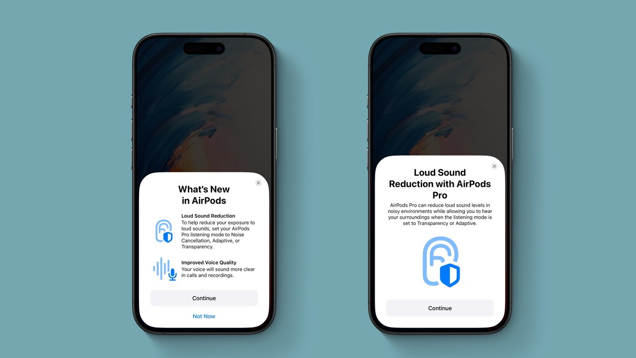 Два смартфона отображают функции AirPods. На левом экране отображается «Что нового в AirPods», на правом — «Подавление громкого звука с помощью AirPods Pro» с текстом и значками.