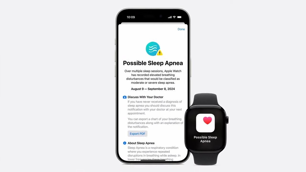 Смартфон отображает предупреждение об апноэ во сне от Apple Watch со значком сердечка на экране часов, что побуждает обратиться к врачу.