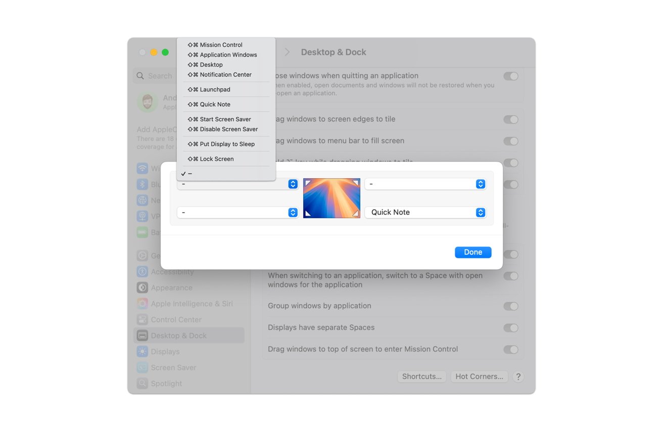 Окно настроек macOS с выделенными параметрами рабочего стола и Dock, а также всплывающим меню со списком сочетаний клавиш и выбором быстрых заметок.