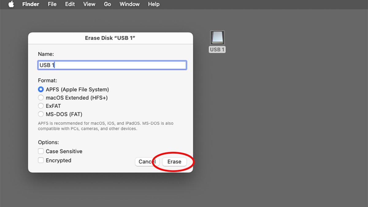 Лист Mac Erase, показывающий параметры форматирования USB-накопителя.