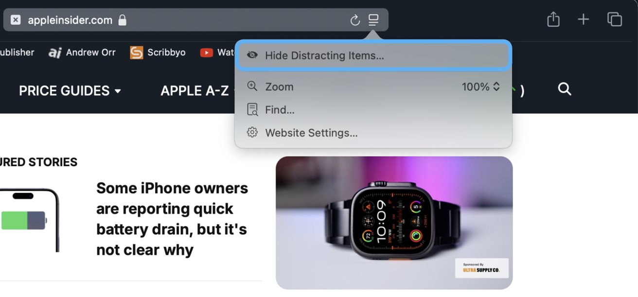 Веб-страница со статьей о проблемах с аккумулятором iPhone, умными часами и наложенным меню, показывающим такие параметры, как скрыть, масштабировать и найти.