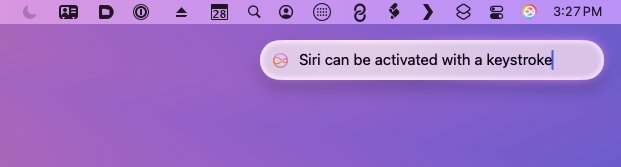 Верхняя строка меню рабочего стола со значками и уведомлением о том, что Siri можно активировать нажатием клавиши, на фиолетовом градиентном фоне.