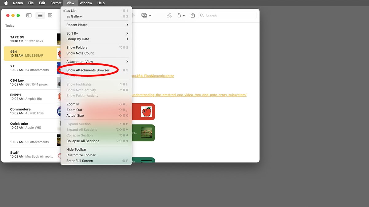Приложение macOS Notes с меню «Вид».