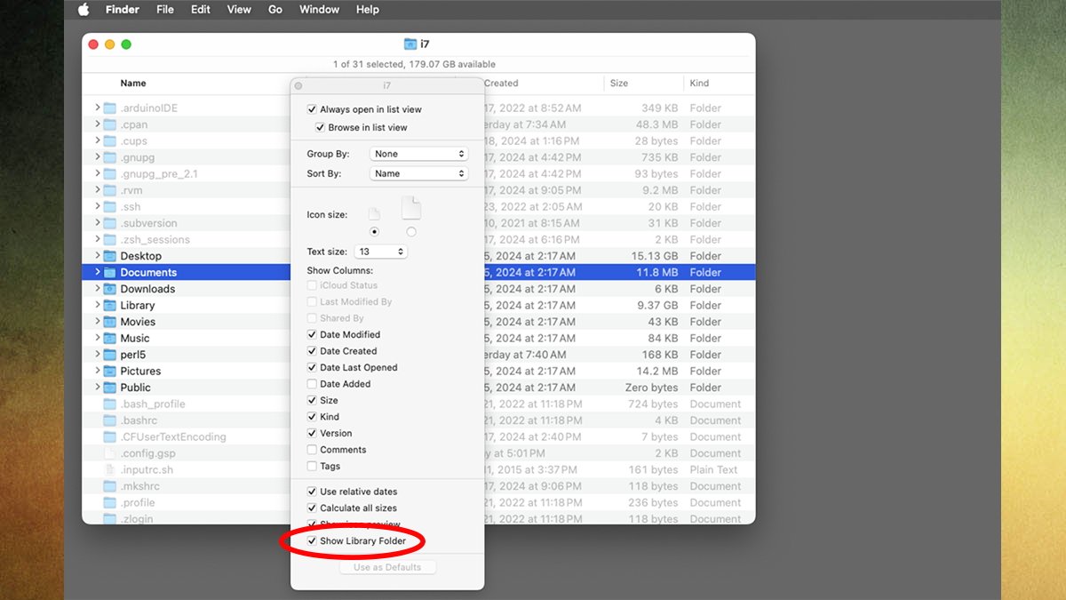 Показать параметры просмотра в macOS Sequoia с открытой домашней папкой пользователя.