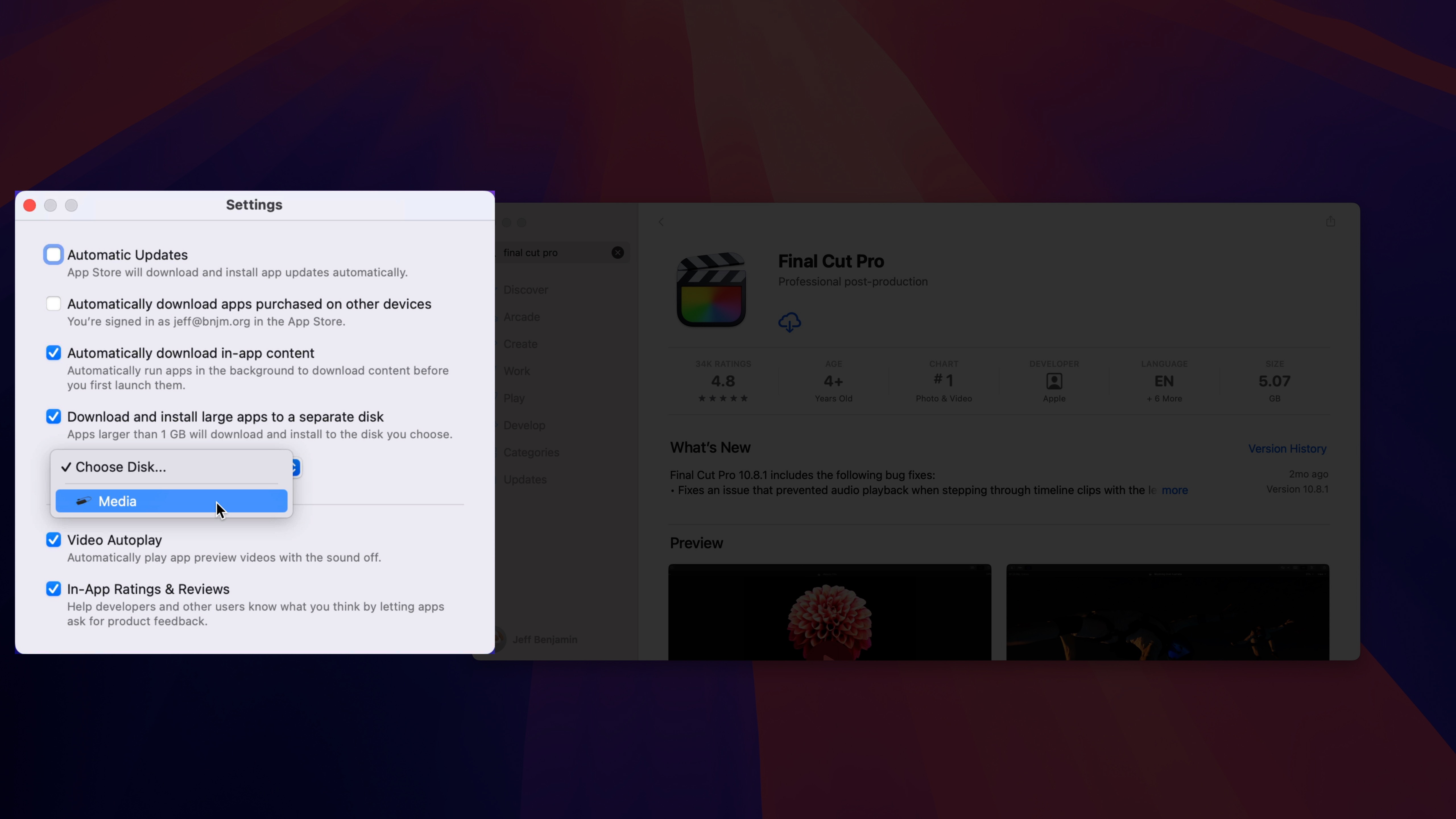 Настройка установки приложений Mac App Store на внешний диск.
