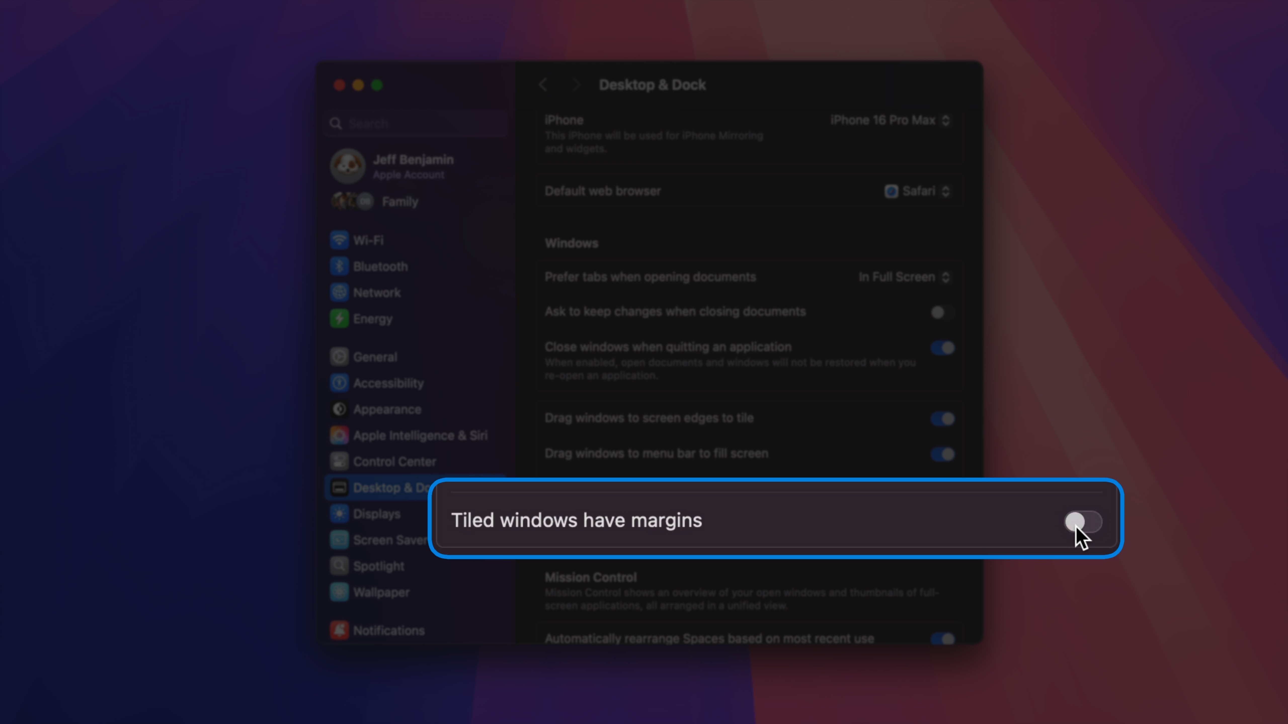 Удаление полей для плиточных окон в macOS.