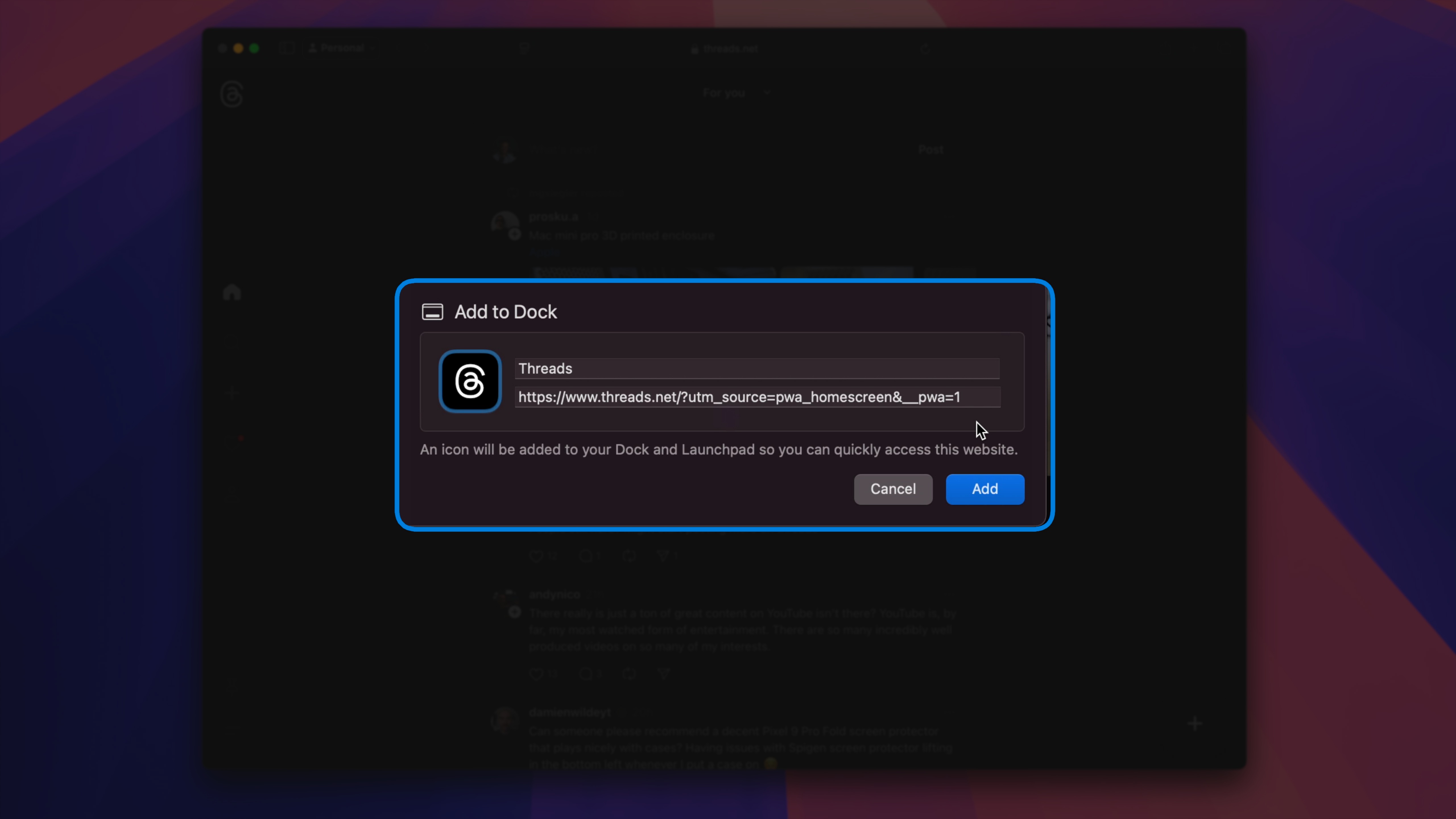 Добавление веб-приложения в док в macOS Sequoia