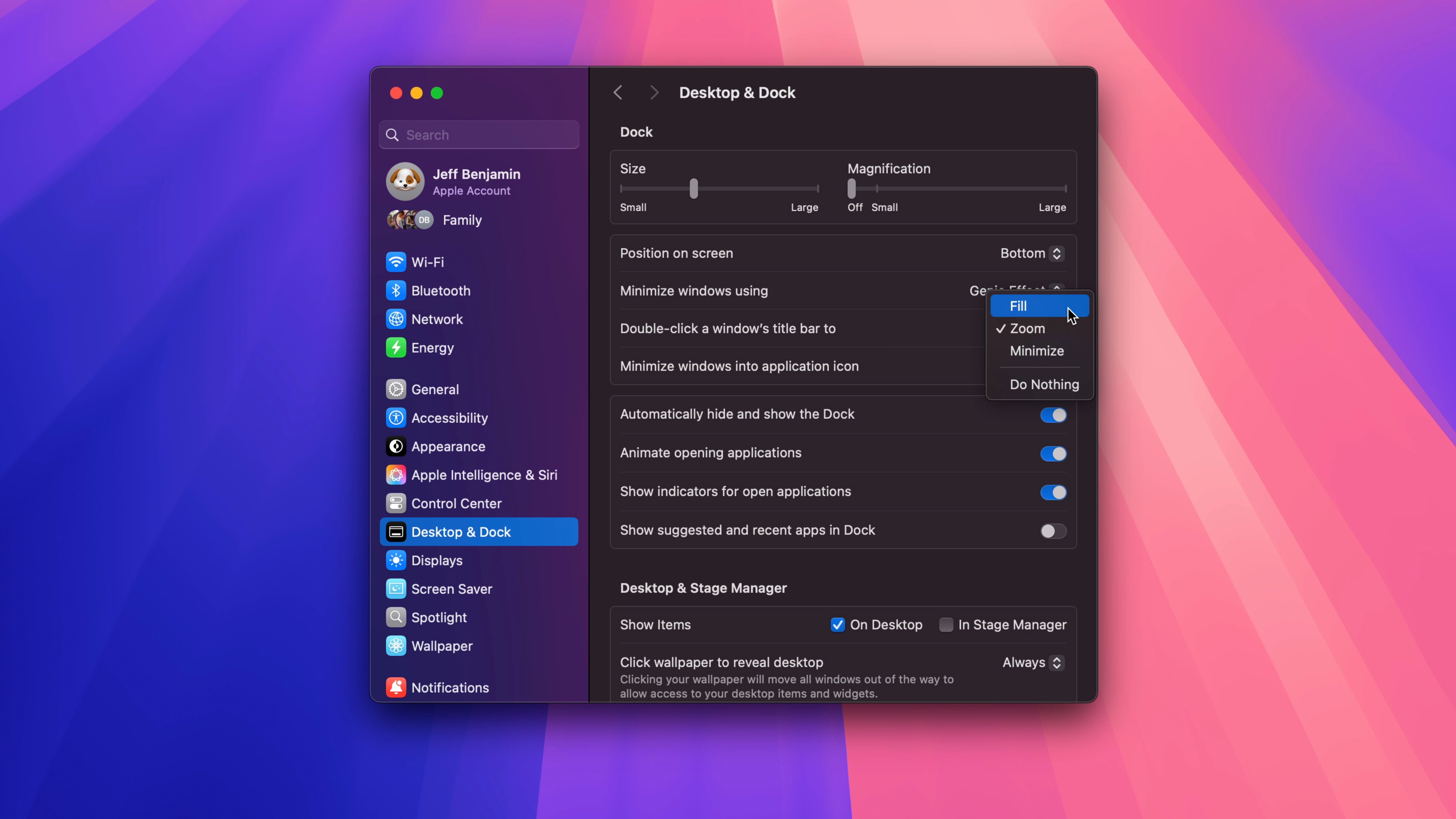 Дважды щелкните строку заголовка окна, чтобы заполнить настройки в macOS.