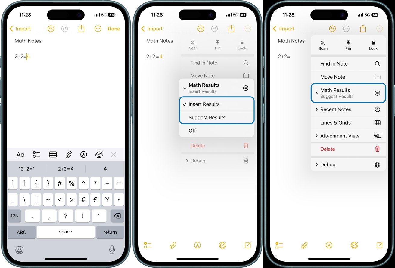 На трех экранах iPhone показано приложение для создания заметок, решающее задачу «2+2», с опциями меню для математических результатов, включая параметры вставки и предложения.
