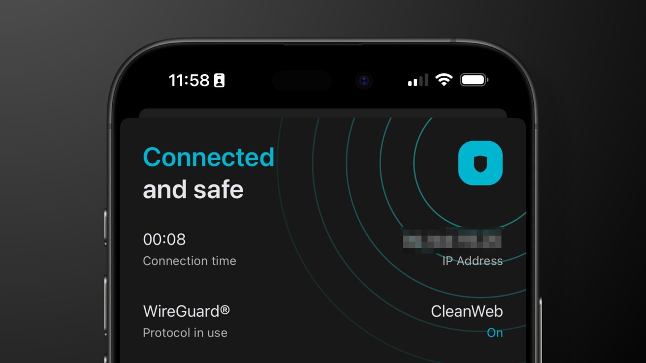 На экране смартфона показано защищенное VPN-соединение по протоколу WireGuard, время подключения и частично размытый IP-адрес.