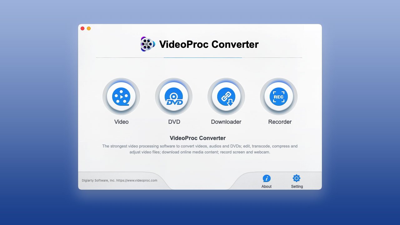 Интерфейс VideoProc Converter отображает значки функций видео, DVD, загрузчика и рекордера на градиентном синем фоне.