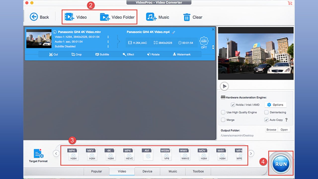 Интерфейс VideoProc Converter, показывающий сведения о файле, параметры формата, такие как MP4 и MKV, миниатюру предварительного просмотра и большую кнопку запуска для обработки.