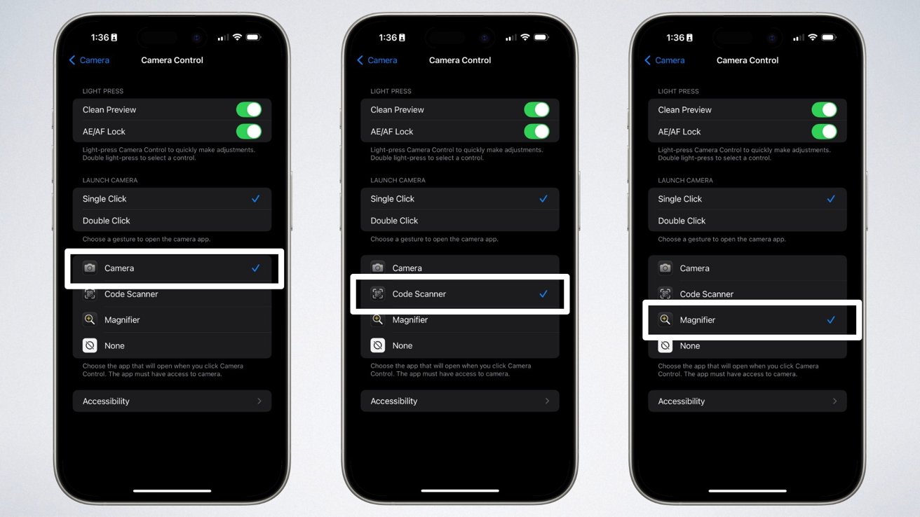 На трех экранах iPhone отображаются настройки управления камерой, показаны варианты действий при одиночном или двойном щелчке, а также выбор камеры, сканера кода и лупы.
