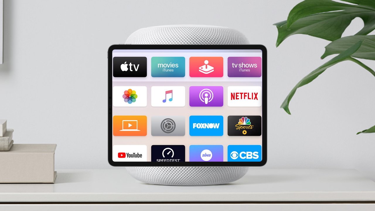 Планшет со значками таких приложений, как Apple TV, Netflix, YouTube, расположенный на белом динамике рядом с растением.