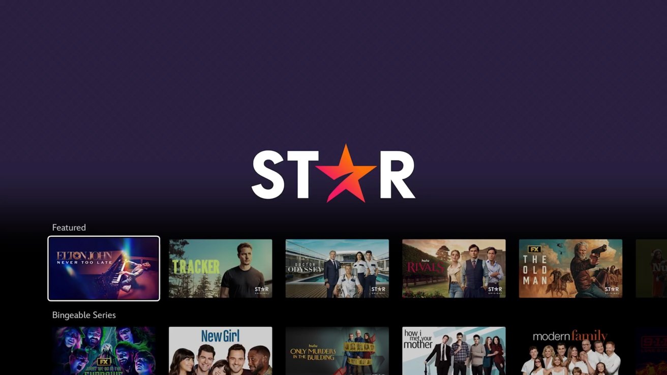 Звездный потоковый интерфейс с избранными и увлекательными сериалами. Большой текст «ЗВЕЗДА» с логотипом красной звезды в центре. Ниже показаны ряды миниатюр шоу.