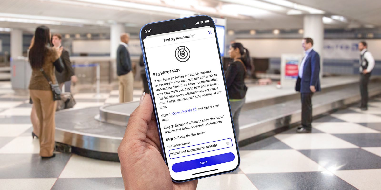 United Airlines интегрирует Apple's Share Item Location в свое мобильное приложение | Приложение используется в багажном зале
