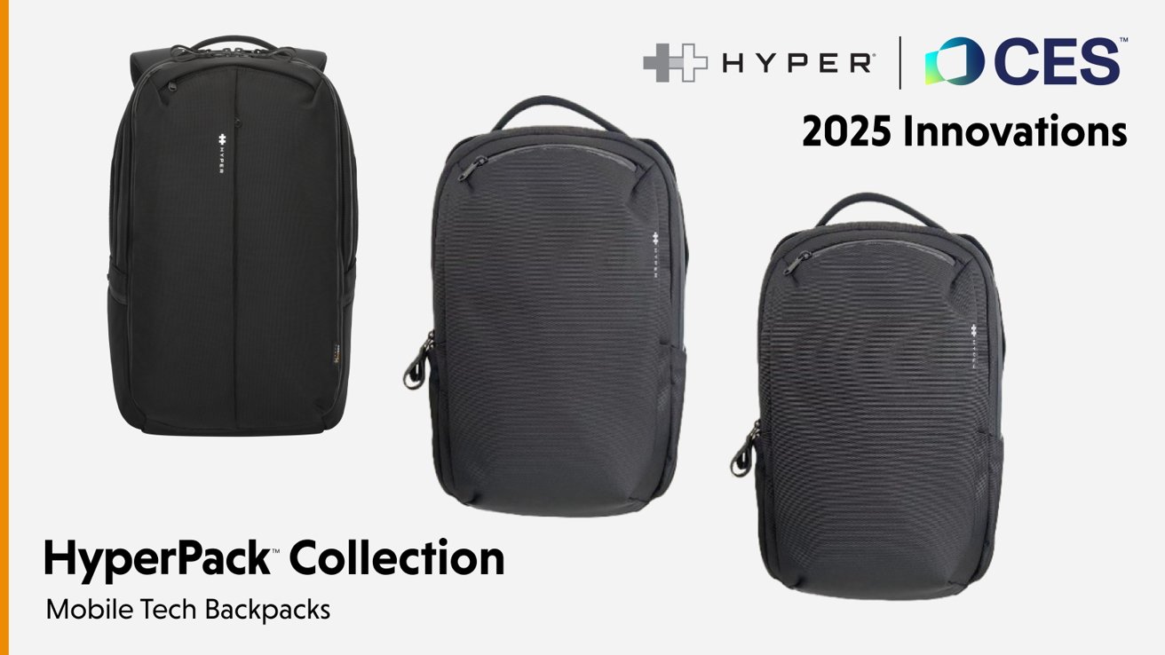 Три изящных черных рюкзака из коллекции HyperPack в современном дизайне. Включает логотипы Hyper и CES с текстом «Инновации 2025 года» и «Рюкзаки для мобильных технологий».