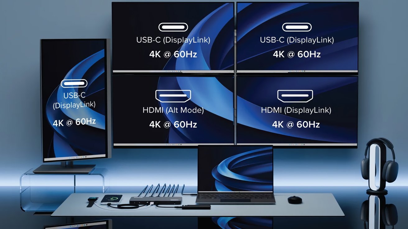 Настольный компьютер с пятью мониторами с разрешением 4K и частотой 60 Гц, ноутбуком, док-станцией, умными часами, кабелями, лампой и наушниками — все на гладкой белой поверхности.