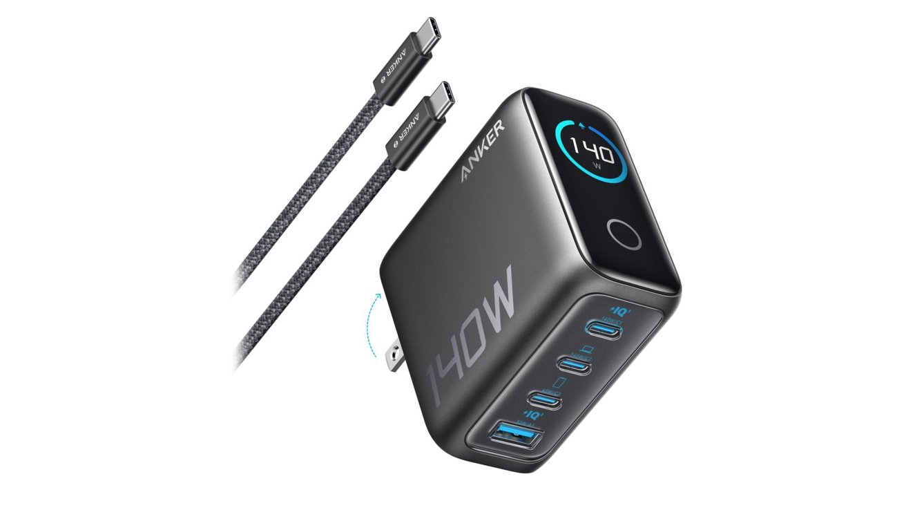 Черное зарядное устройство мощностью 140 Вт с несколькими портами USB-C и USB-A в комплекте с двумя плетеными кабелями USB-C.
