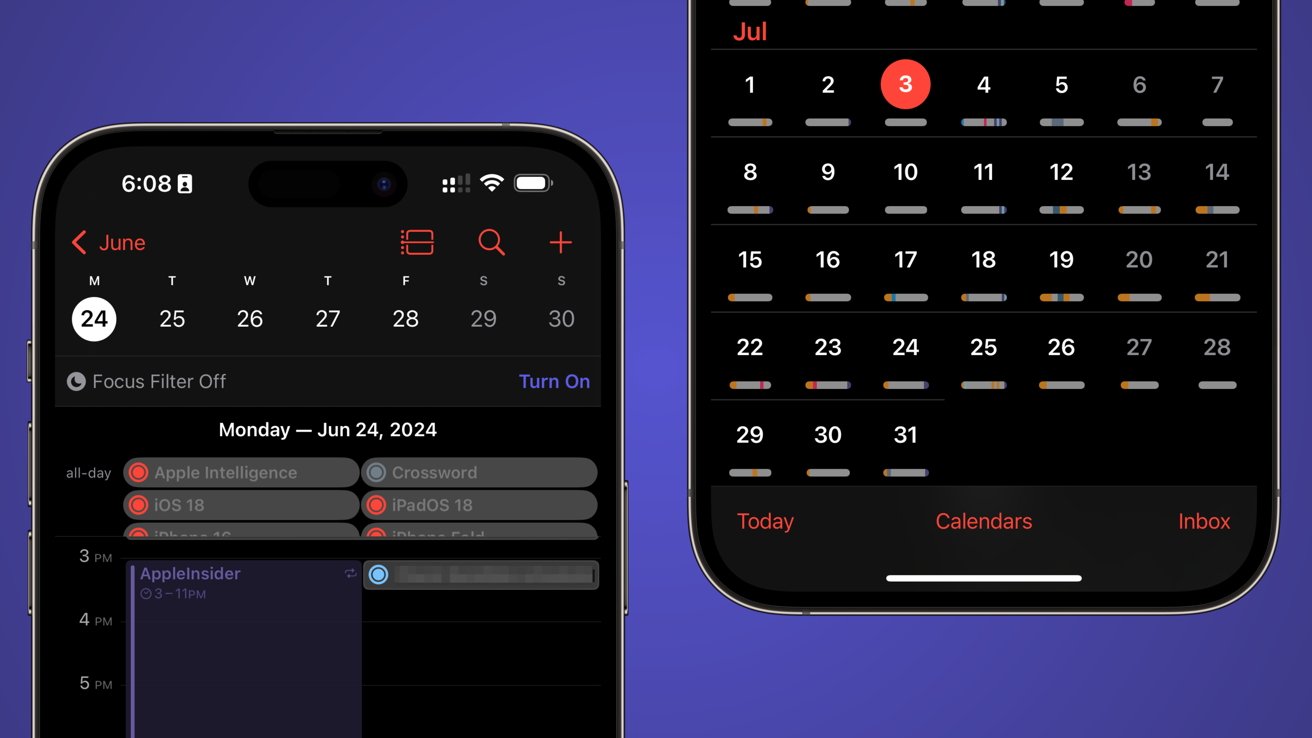 На двух экранах iPhone показано приложение-календарь с темной темой. На левом экране отображается подробный вид на 24 июня 2024 года, а на правом — ежемесячный календарь на июль.